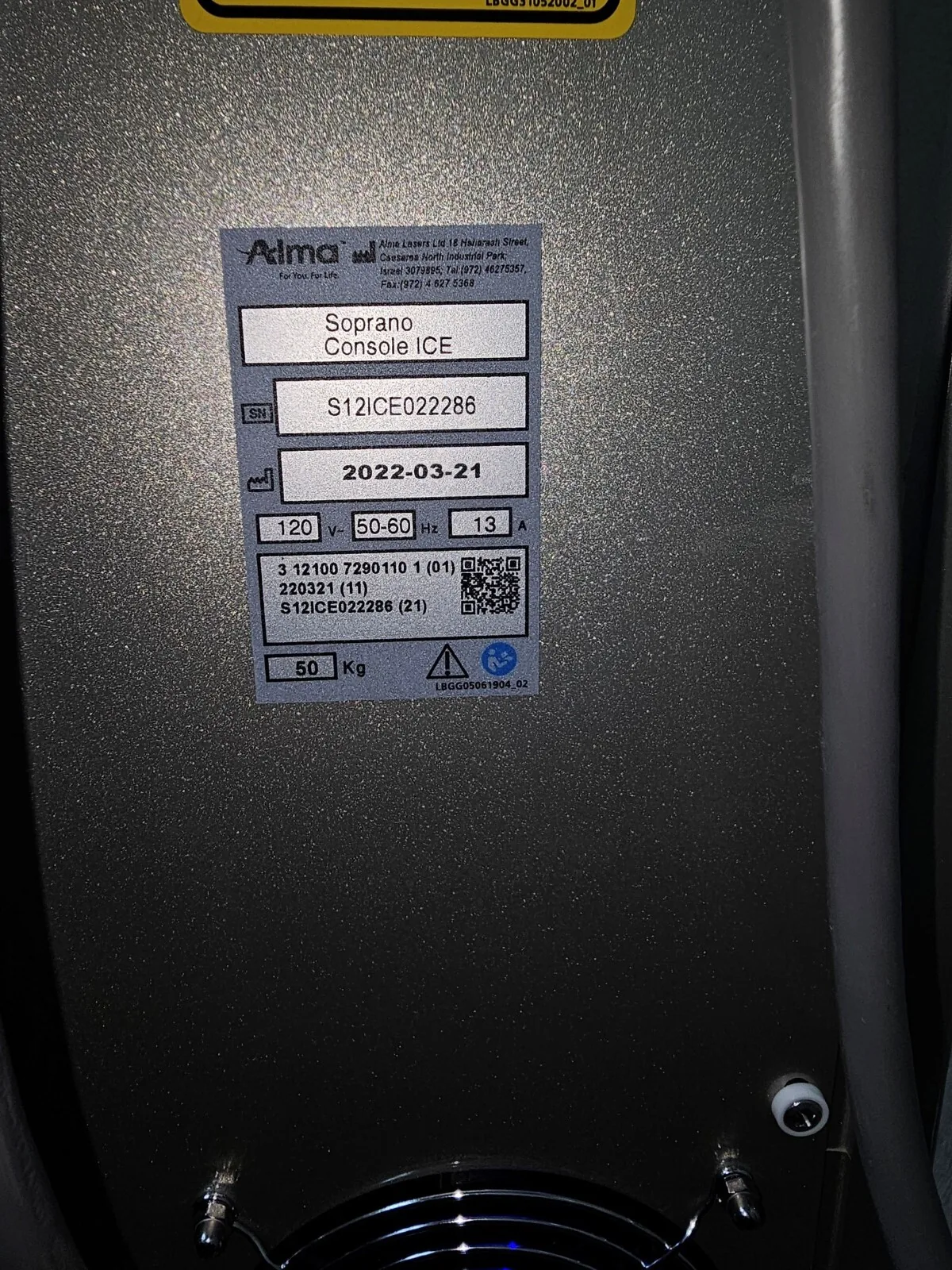 Owner photograph of a Alma Soprano ICE system.