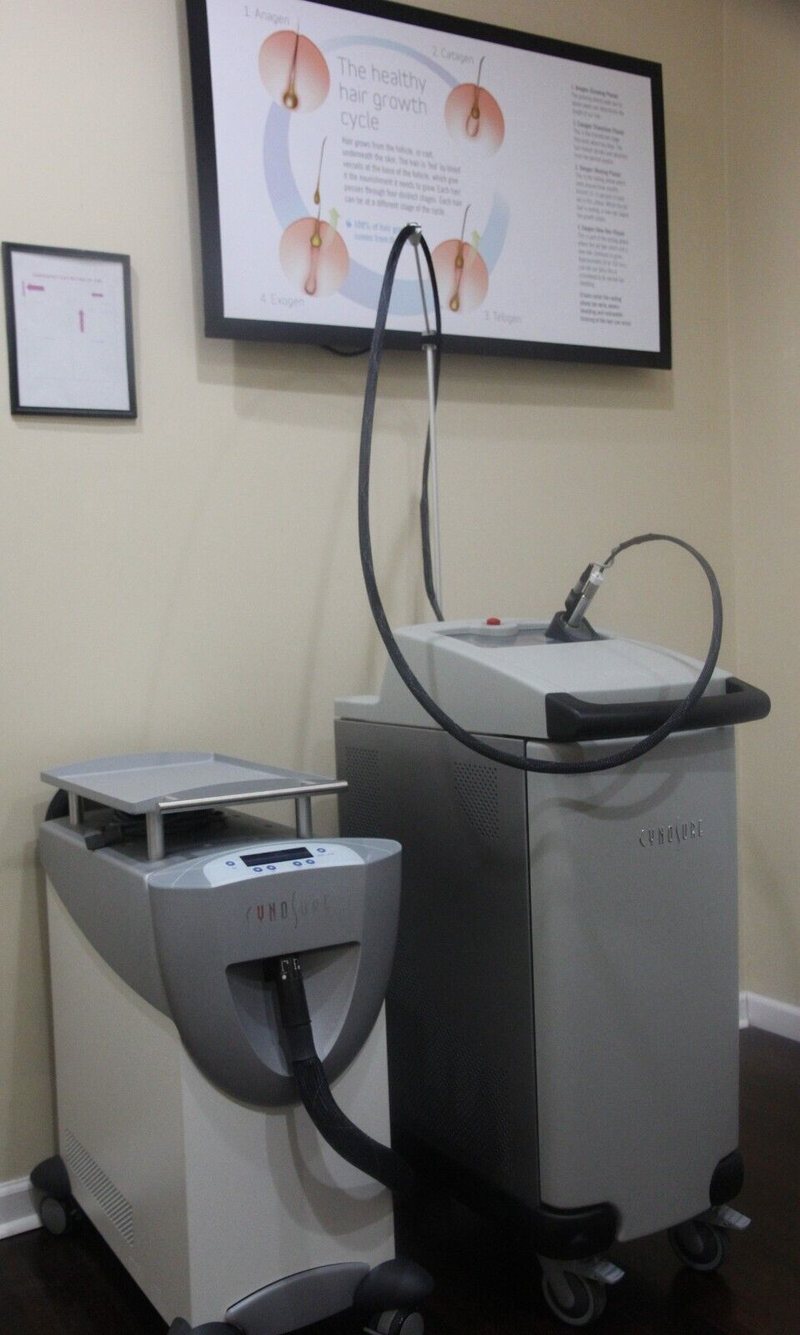Cynosure aesthetic workstation with a handpiece cable in a treatment room.